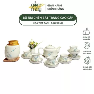 Bộ Ấm Chén Bát Tràng Họa Tiết Hoa Cành Đào Xanh - Tráng Men Cao Cấp - GMAC33 | Gốm Mây