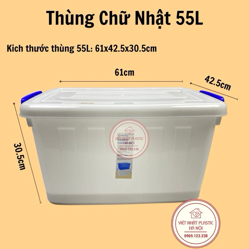 Thùng nhựa có nắp đựng đồ có bánh xe Việt Nhật. Thùng 55l: 60,5 x 42,5 x 31,5 (cm)