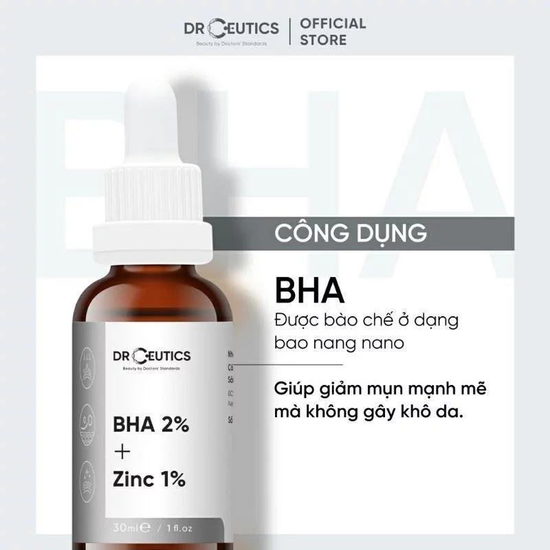 Serum BHA 2% + ZnC 1% Drceutics Giảm Mụn, Phục Hồi Da Mụn 30 ml