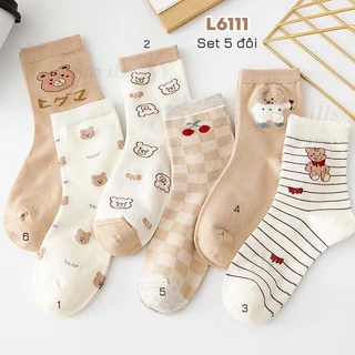 Tất nữ cổ trung xinh xắn phong cách Hàn Quốc, set 5 đôi vớ nữ chất liệu cotton 4 chiều mềm mại thoáng mát