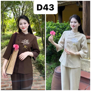Bộ đồ lam đi chùa cho nữ hoạ tiết thêu hoa chất liệu Xược Hàn cao cấp tay lỡ quần ống suông mã D43