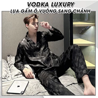 Đồ ngủ nam, pijama nam lụa cao cấp hoa văn ô vuông đen dài tay GO14 - Vodka