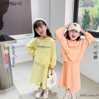 (12-30kg) Set chân váy chữ A xẻ tà, áo hoodie có mũ phối túi LINMUKE cho bé gái size đại 100% cotton nỉ dày màu pastel🦄