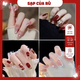 [ móng đính đá] Móng Tay Giả DÀI Đính Đá Hộp 24 Nail Box Tặng Kèm 5 Phụ Kiện