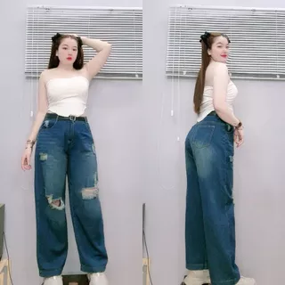 Quần jean bigsize nữ dáng đứng baggy ống suông rộng rách gối style cá tính thời thượng chất vải demi mềm năng động Q503