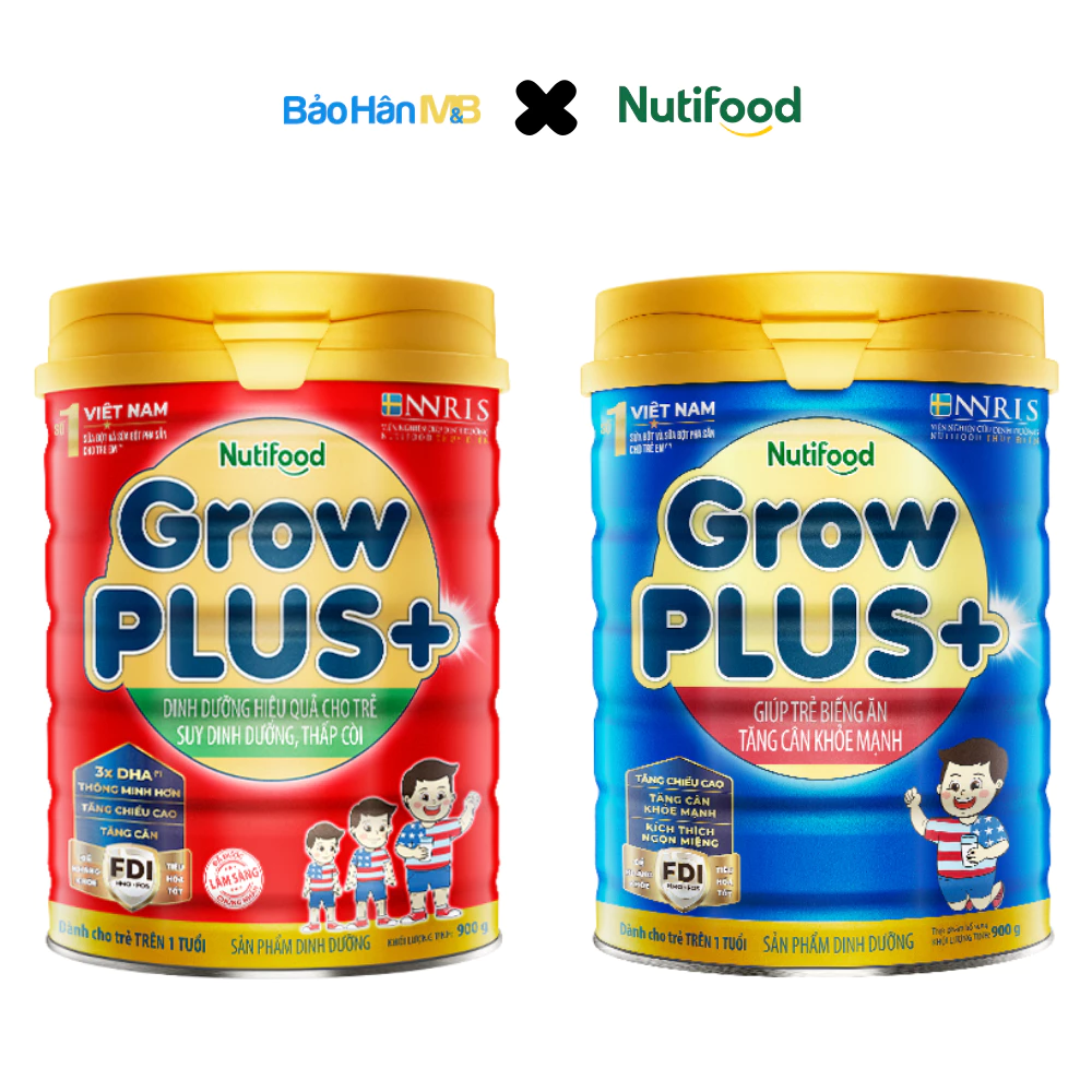 Sữa bột GrowPlus+ NutiFood Xanh/Đỏ - Lon 900g/1,5kg Chính hãng NutiFood