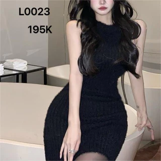 (hàng có sẵn ) Đầm dệt kim cổ yếm màu đen quyến rũ L0023( hàng Quảng Châu)
