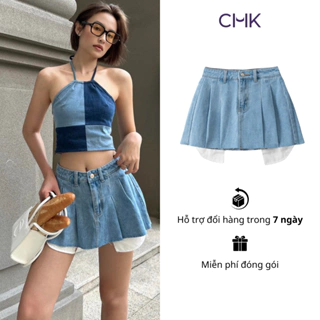 Chân váy jean xếp ly CHICMONKI lộ túi màu xanh nhạt- Jeans Skort CMJ1369