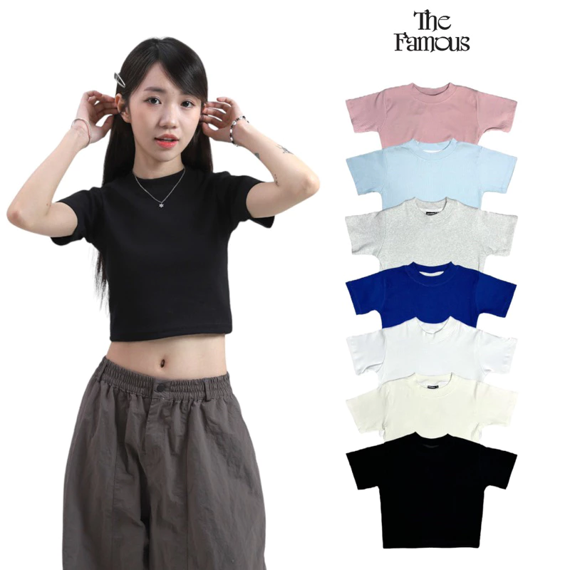 Áo phông croptop "TRƠN 10 MÀU" thun gân cotton dày dặn The Famous