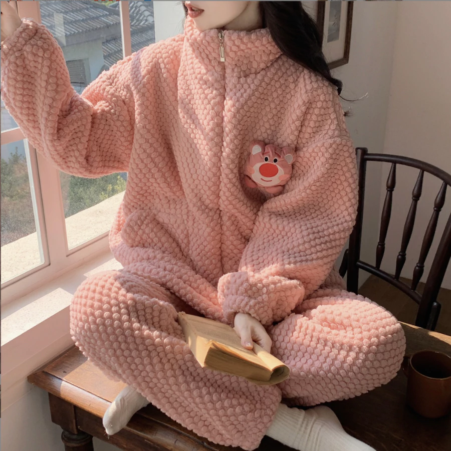 (LUNA) Bộ khoác lông nữ cổ trụ lotso, lông san hô siêu ấm, siêu nhẹ, bộ bông pijama pyjama nữ