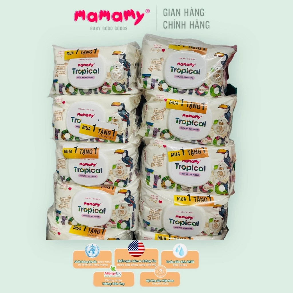 KHĂN ƯỚT MAMAMY TROPICAL LOẠI KHÔNG MÙI 90 TỜ TẶNG 6O TỜ