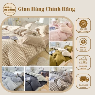 Bộ Chăn Ga Gối Cotton Tc Kẻ Nhập Khẩu New, Ga Bo Chun Bọc Đệm, Chăn Có Khoá Kéo Lồng Được Ruột