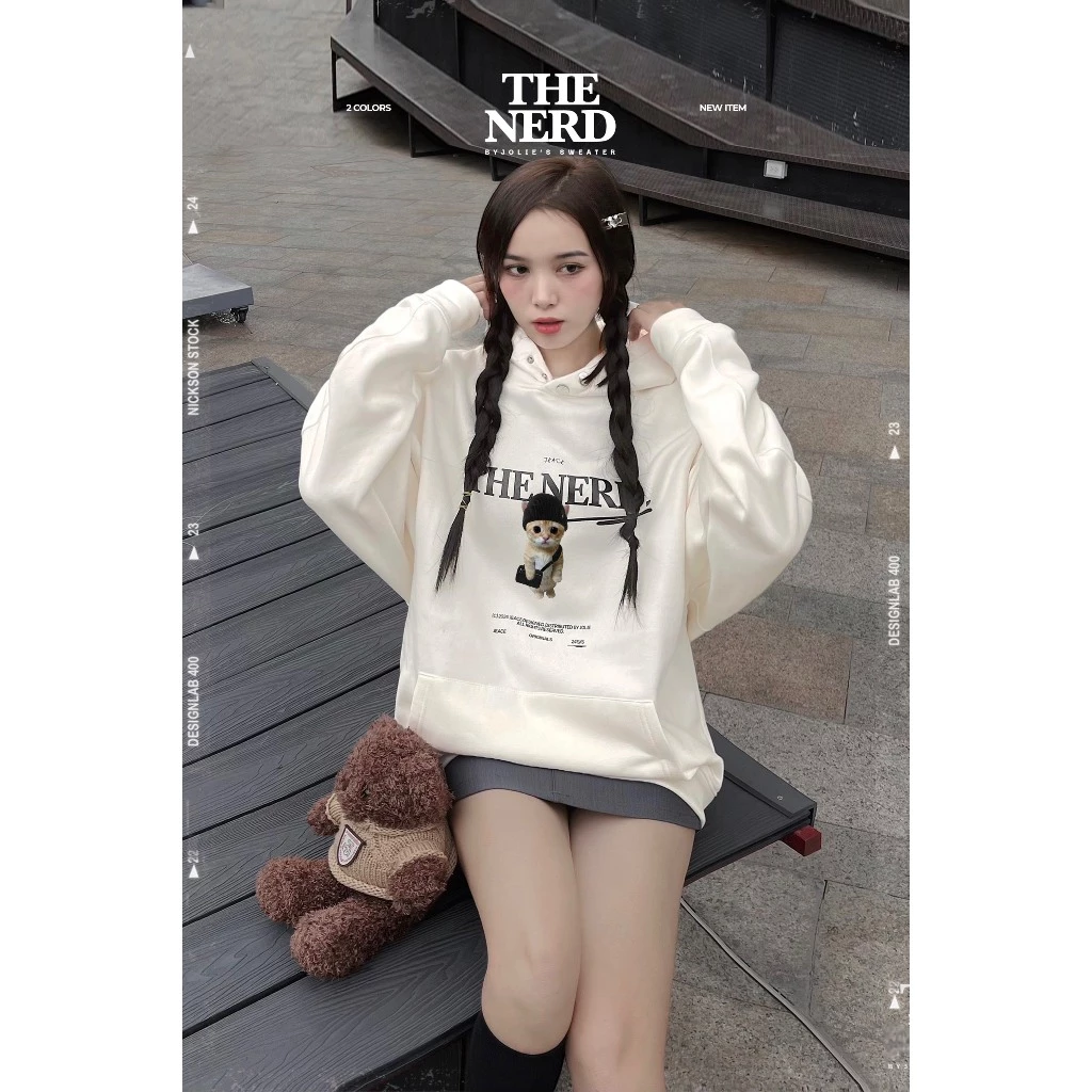 Áo hoodie nỉ bông unisex The Nerd form suông rộng Byjolievn