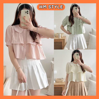 Áo sơ mi kiểu nữ cổ bèo sen phối tầng, áo sơ mi croptop tay cộc chất đũi gân HA56 HMStyle