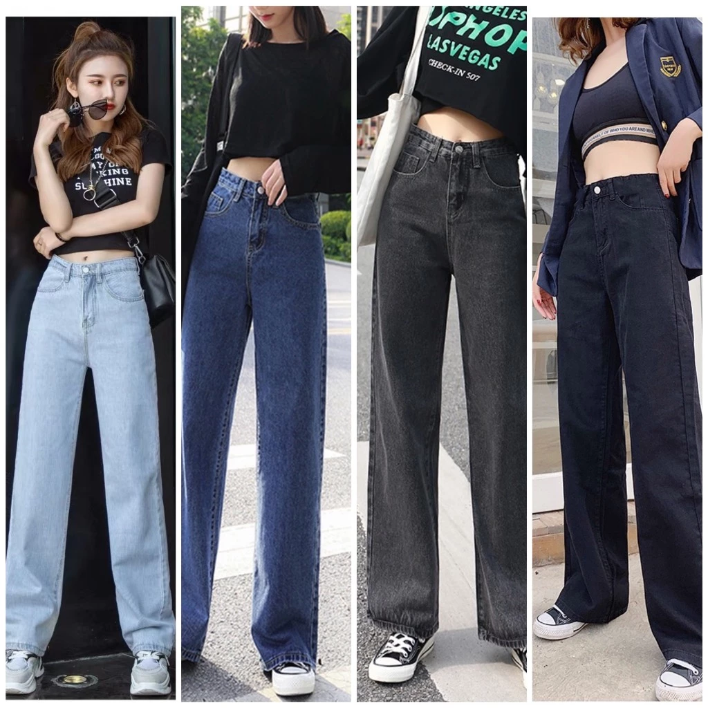 Quần jean Suông ống rộng Bigsize 53-90kg quần bò nữ ống rộng dáng xuông MoliJean xanh đen xám