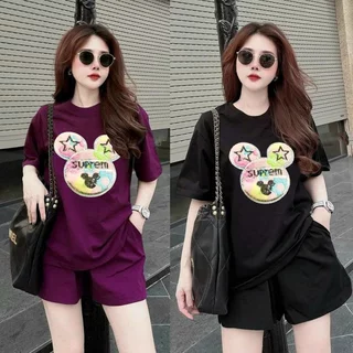 BỘ SHORT NGẮN THỂ THAO NỮ THUN COTTON THÊU LÔ GÔ CHUỘT MICKEY CAO CẤP