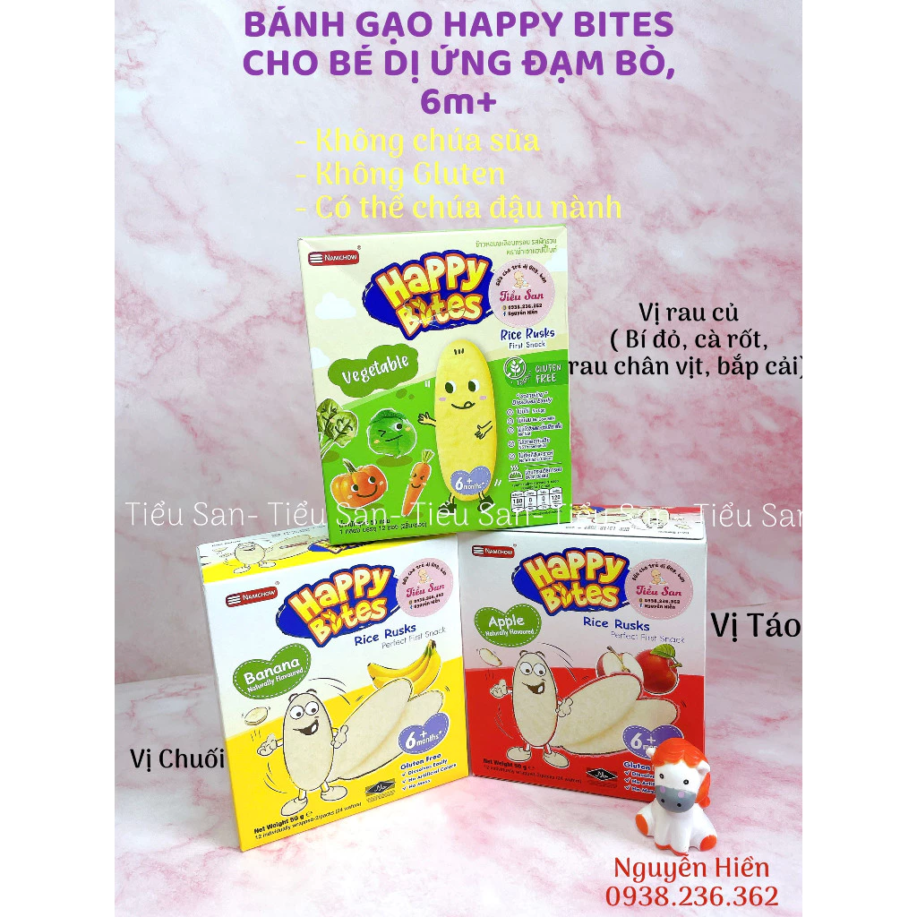 BÁNH ĂN DẶM HAPPY BITES CHO BÉ DỊ ỨNG ĐẠM , XUẤT XỨ THÁI LAN, CHO BÉ 6M+, GỒM 12 TÚI (MỖI TÚI 2 CÁI)