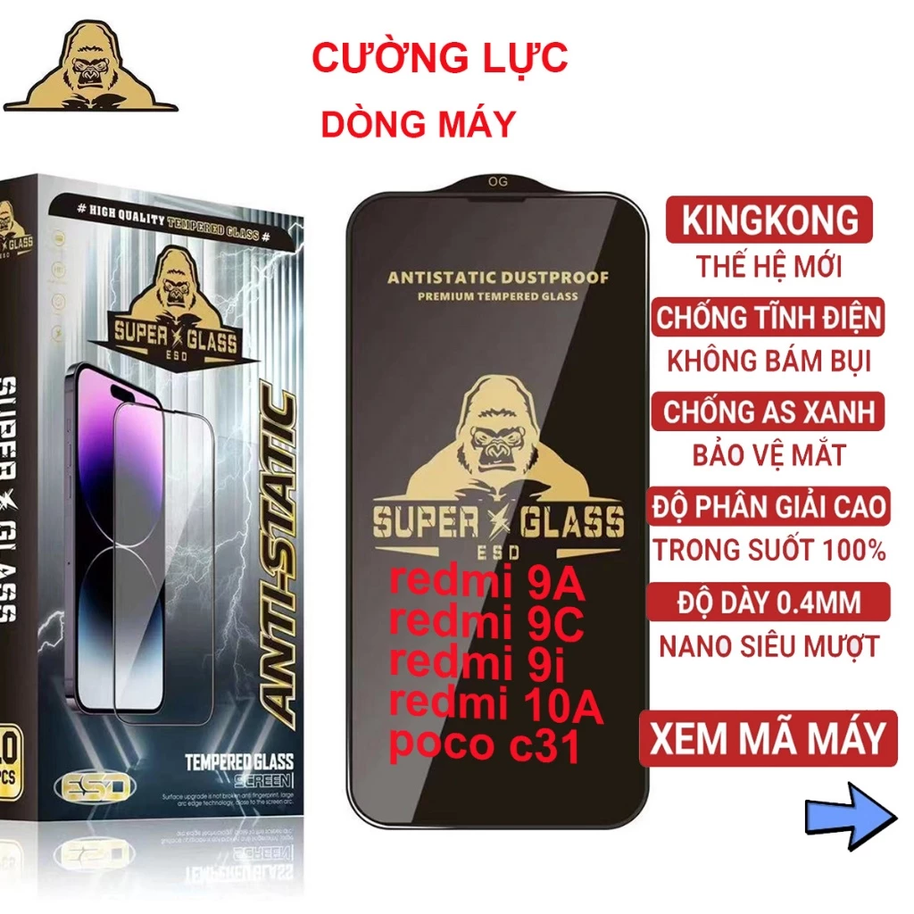 Kính cường lực Xiaomi redmi 9A / 9C / 9i / 10A / POCO C31 (ô 35) super kingkong full màn / miếng dán