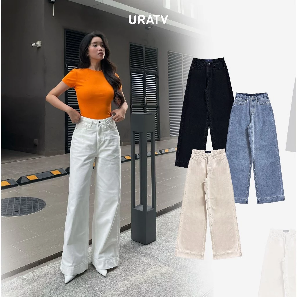 Quần jean nữ suông ống rộng lai to 5cm vải độc quyền URATV