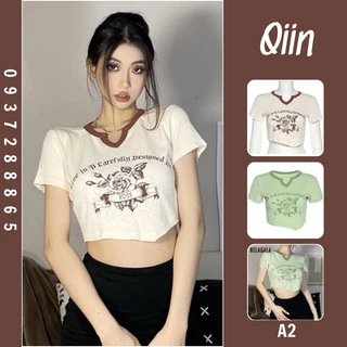 Áo Croptop Nữ Tay Ngắn Cổ Viền Hoạ Tiết Hoa, Vạt Áo Lệch A2 [QIIN BOUTIQUE]