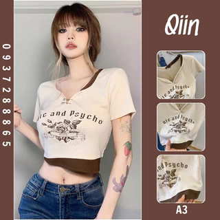 Áo Croptop Nữ Tay Ngắn Phong Cách Retro, Dáng Ôm, Cổ Chữ V In Họa Tiết A3 [QIIN BOUTIQUE]