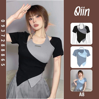 Áo Thun Tay Ngắn Croptop Nữ Hở Vai Màu Tương Phản Cá Tính A8 [QIIN BOUTIQUE]