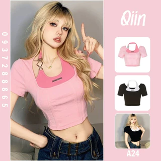 Áo Kiểu Nữ Croptop Tay Ngắn Cổ Yếm Phong Cách Cá Tính A24 [QIIN BOUTIQUE]