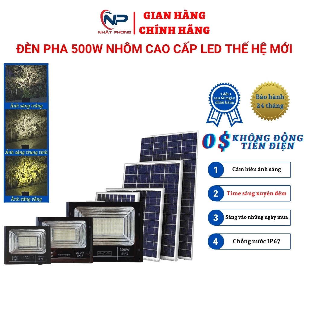 Đèn Năng Lượng Mặt Trời,Đèn led Pha 500W SHOP NHÂT PHONG Ánh Sáng Trắng Vỏ Nhôm Nguyên Khối Chống Nước IP67 BH 2 Năm