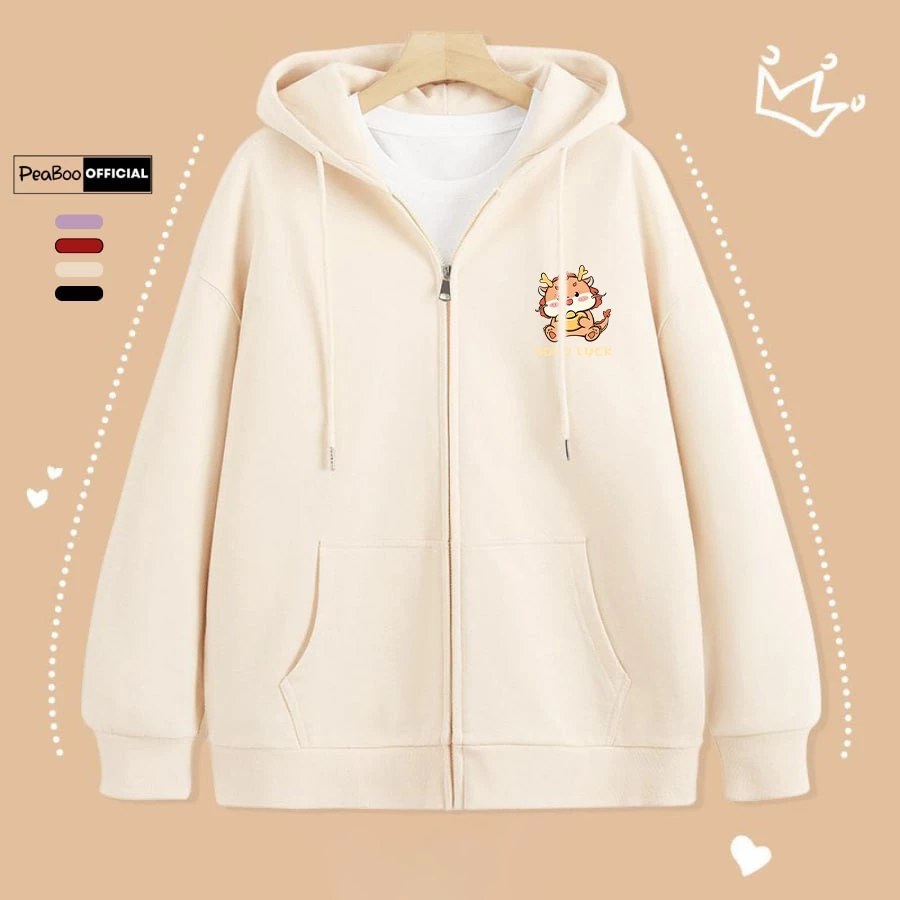 Áo Hoodie Zip, Áo Khoác Nam Nữ Unisex By PEABOO Mã Rồng Good Luck  Chất Nỉ Bông Form Rộng Mũ 2 Lớp