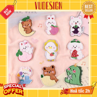 Sticker Dán Vải, Sticker Ủi Thêu Quần Áo, Balo, Túi, Mũ Hình Con Vật Trái Cây Khủng Long Dâu Tây Cherry Cute Vudesign