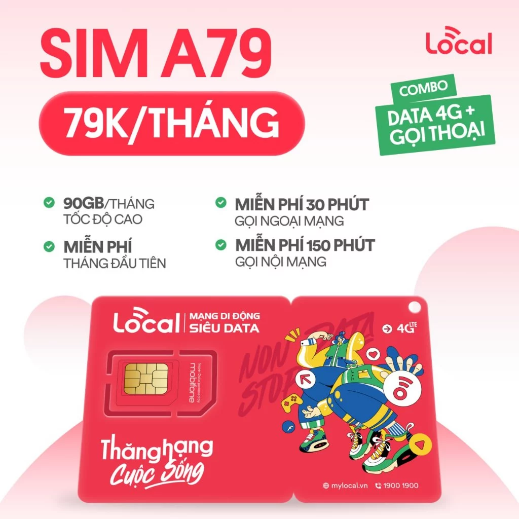 Sim A79 LOCAL - Miễn phí tháng đầu ,Gói cước data tốc độ cao, chỉ 79k/ tháng, miễn phí số phút gọi thoại, phủ sóng rốt.