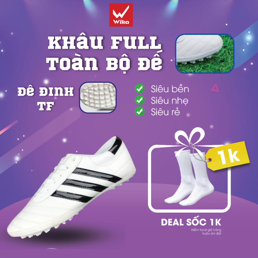 Giày Đá Bóng 3 Sọc Wika Chính Hãng, Da Nhăn Cao Cấp Đã Khâu Full Toàn Bộ Đế