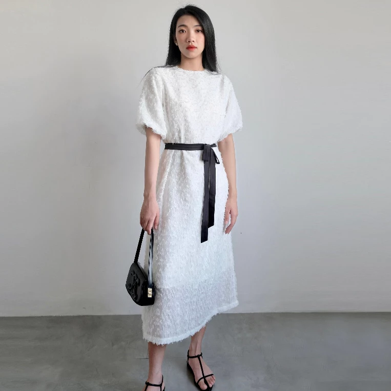 Đầm Trắng Dài, Đầm Lông Đi Tiệc Nữ Tính, 2 Lớp Kèm Thắt Eo Đen - LIN DRESS - THE J STUDIO
