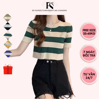 💎 FSs Áo Croptop Len Kẻ Sọc Bản To Cổ Tròn Hàn Quốc - Phong Cách Đơn Giản và Lịch Sự, Freesize, Bảo Hành Chất Lượng