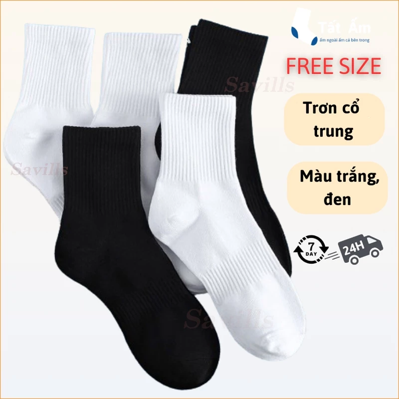 Tất nam nữ trơn cổ trung cotton 4 chiều mềm mại thoáng khí, vớ unisex tiện dụng thấm hút mồ hôi