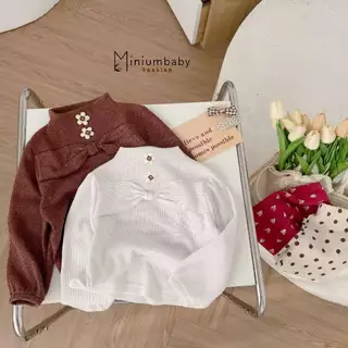 Set bộ thu đông bé gái phối nơ ngực cổ đính hoa, chất liệu cotton gân mềm mại bé mặc đi học đi chơi Miniumbaby SB1847