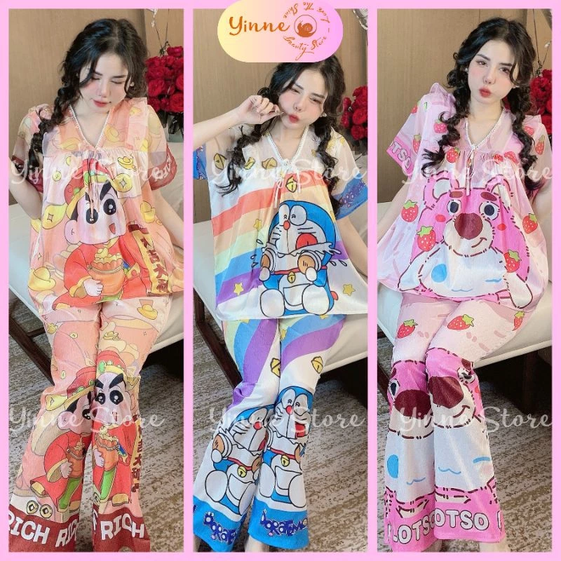 (BIGSIZE 50-75kg) Đồ Pijama Cổ V Ren phối Tơ viền bèo Tết, Tay Ngắn Quần Dài, Bộ ngủ mặc nhà Lụa Xước Ánh Kim Thiết Kế