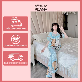 Đồ bộ ngủ Pijama nữ tay ngắn đồ mặc nhà đẹp quần dài lụa xước in 3D loại 1 hàng thiết kế dễ thương freesize dưới 60kg