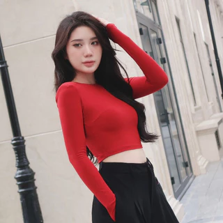 Áo thun nữ croptop tay dài ôm body cổ tròn gợi cảm tôn dáng