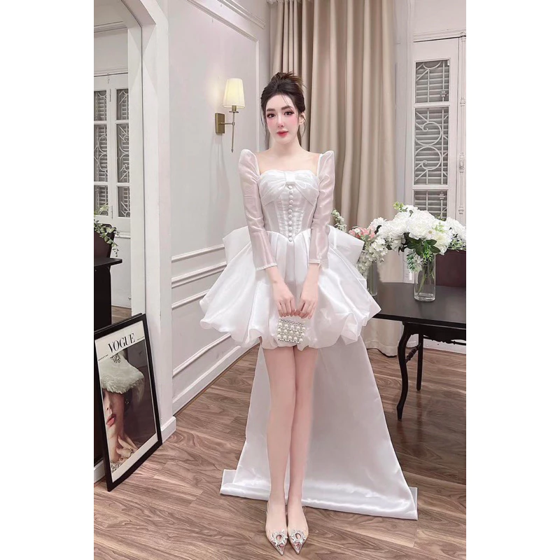 Đầm xoè bí dự tiệc đi bàn tay dài + nơ sau lưng full size s/M/L/XL