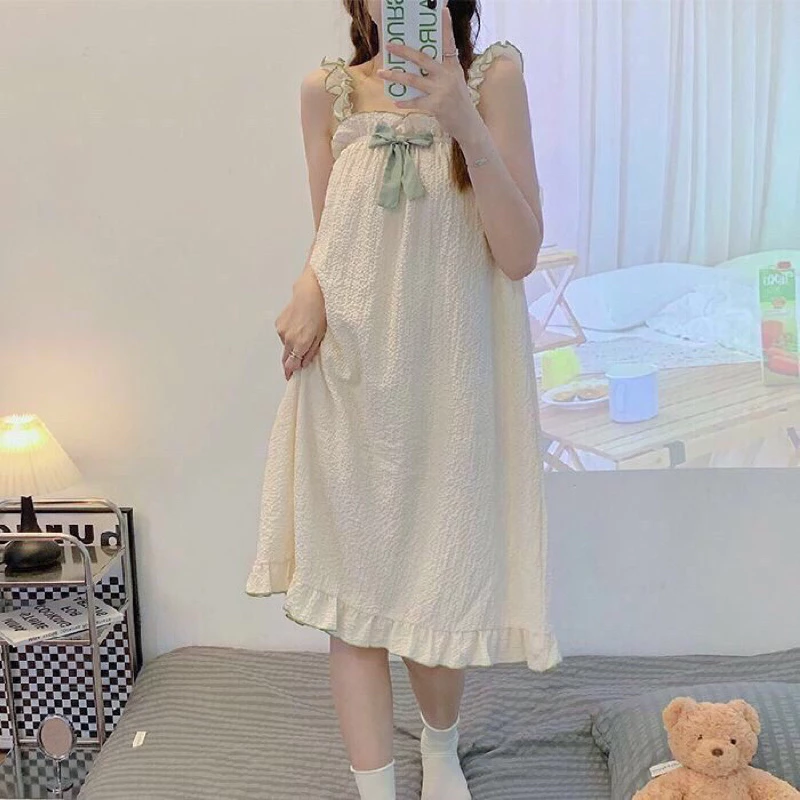 Váy ngủ treo mới của Nhật Bản dành cho nữ cotton mùa hè dài vừa phải mỏng thường có nơ tinh khiết bộ đồ ngủ phong cách