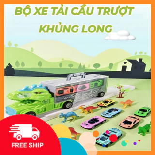 Đồ chơi xe tải vận chuyển khủng long 3 tầng, có 6 xe nhỏ, đường cầu trượt xe. Xe tải khủng long, đồ chơi bé trai.