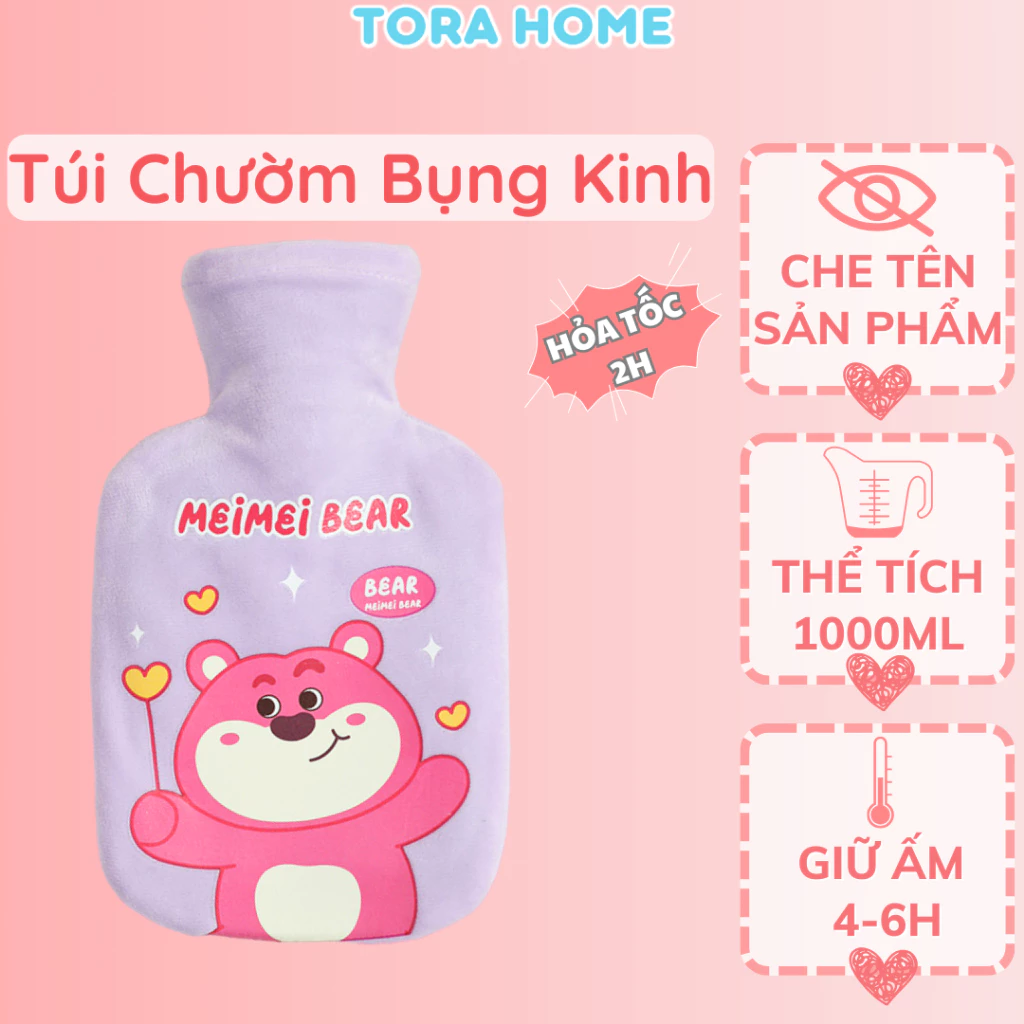 Túi chườm nóng lạnh 2 lớp giảm đau bụng kinh, giảm sốt đa năng 1000ml bọc nhung mềm Tora Home