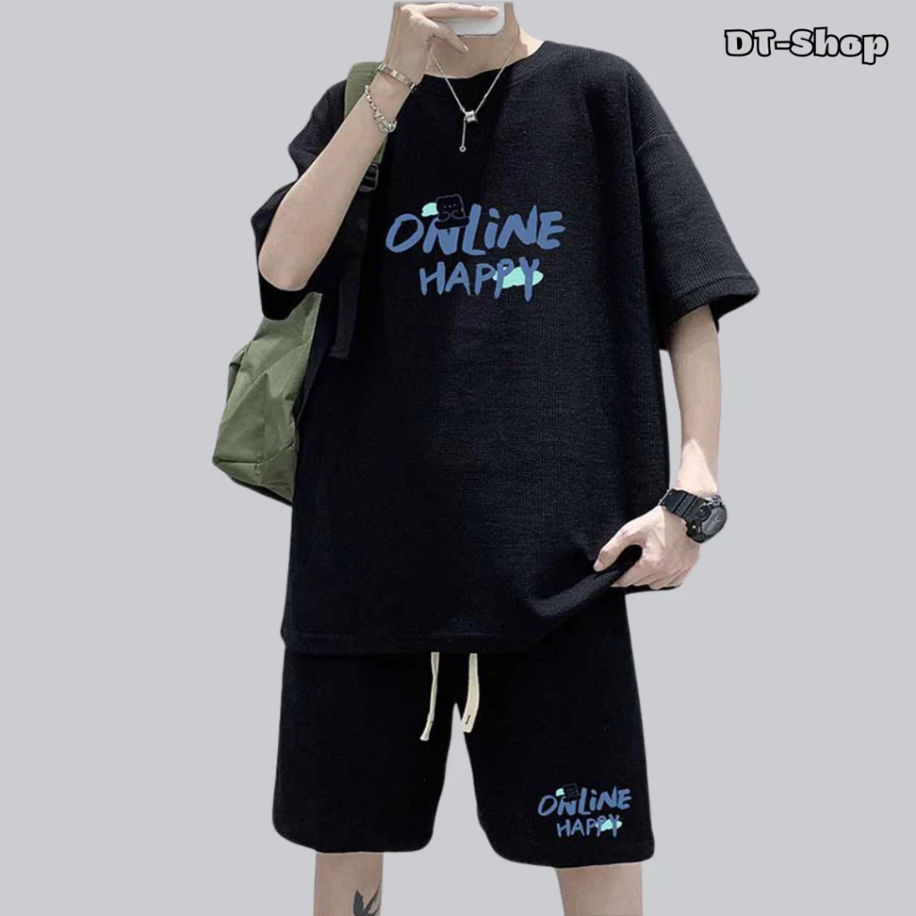 Bộ Đồ Nam Mùa Hè Thể Thao Unisex Quần Short Áo Thun Họa Tiết Chữ ONLINE Ulzzang S0