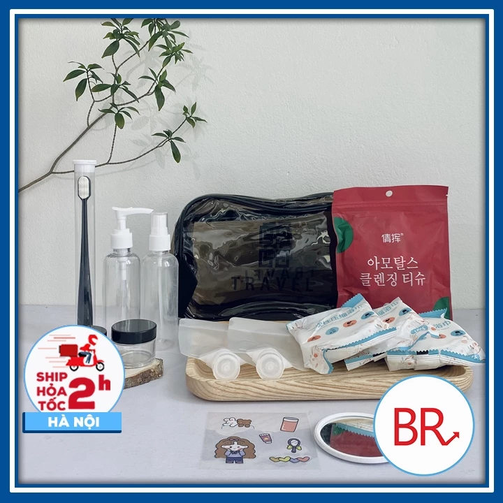 Bộ chiết mỹ phẩm du lịch 2 ngày 1 đêm nhỏ gọn tiện lợi kèm Túi - Combo phụ kiện Hũ, lọ chiết mĩ phẩm, Khăn tắm nén 02152