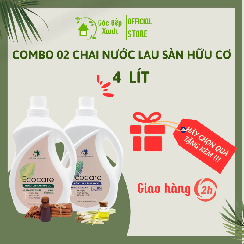 Combo 02 chai nước lau sàn hữu cơ Ecocare 4 lít, tinh dầu sả chanh, quế, chanh gừng, cam sả