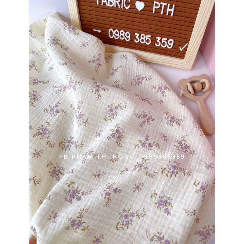 vải xô muslin 2 lớp cao cấp hoa violet tím mềm mại,mát,xinh