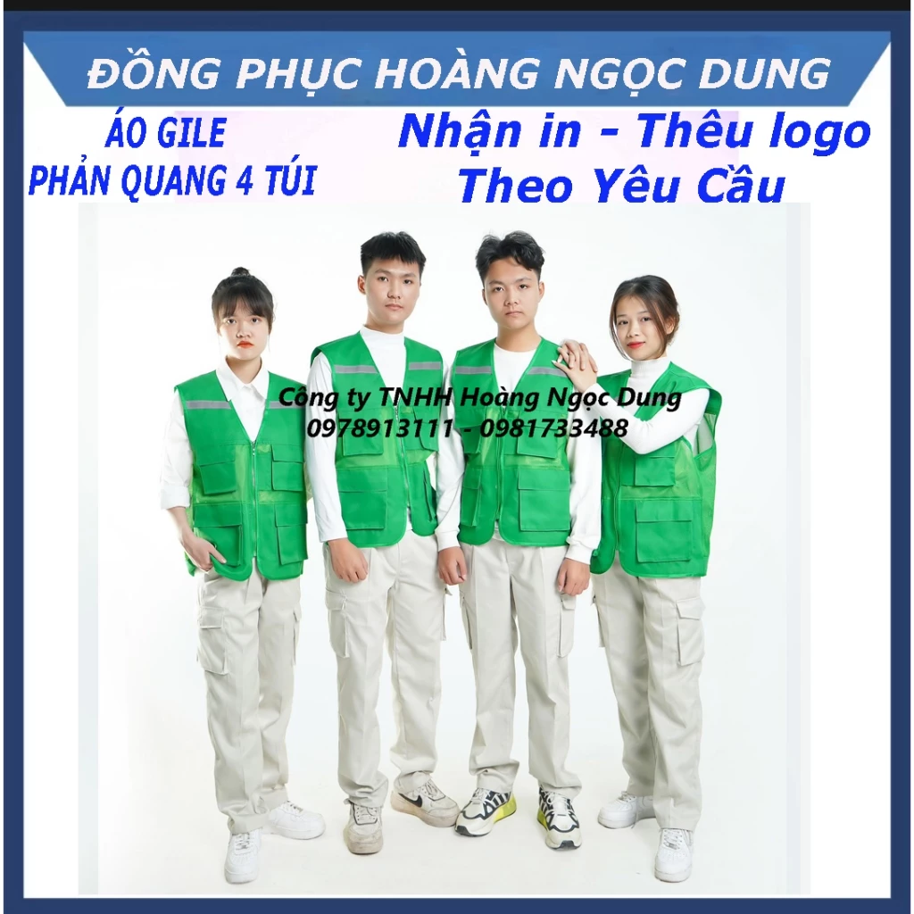 Áo bảo hộ phản quang lao động kỹ sư,áo ghile bảo hộ 4 túi, Áo ghi lê 4 túi màu xanh lá