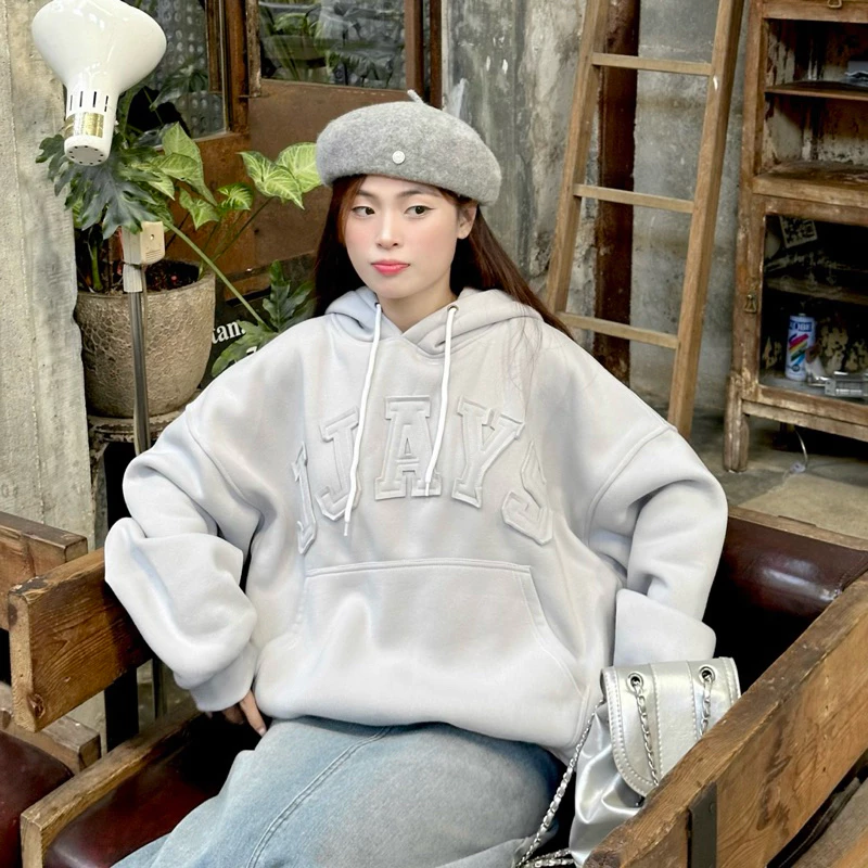 Áo khoác hoodie thêu đắp vải JJAYS , Áo hoodie có mũ form rộng mũ to nam nữ unisex