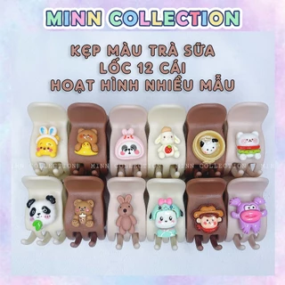 Set 12 Kẹp tóc càng cua 3 răng, 5 răng màu trà sữa đính charm hoạt hình nhiều màu dễ thương